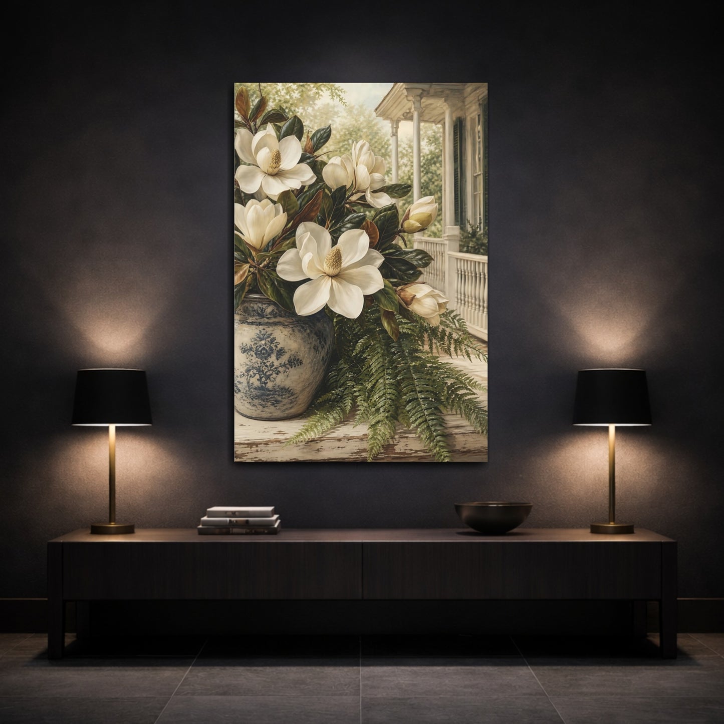 Mockup 3. Floral Magnolias White Magnolia, Blue Vase shown as stretched canvas wall art
