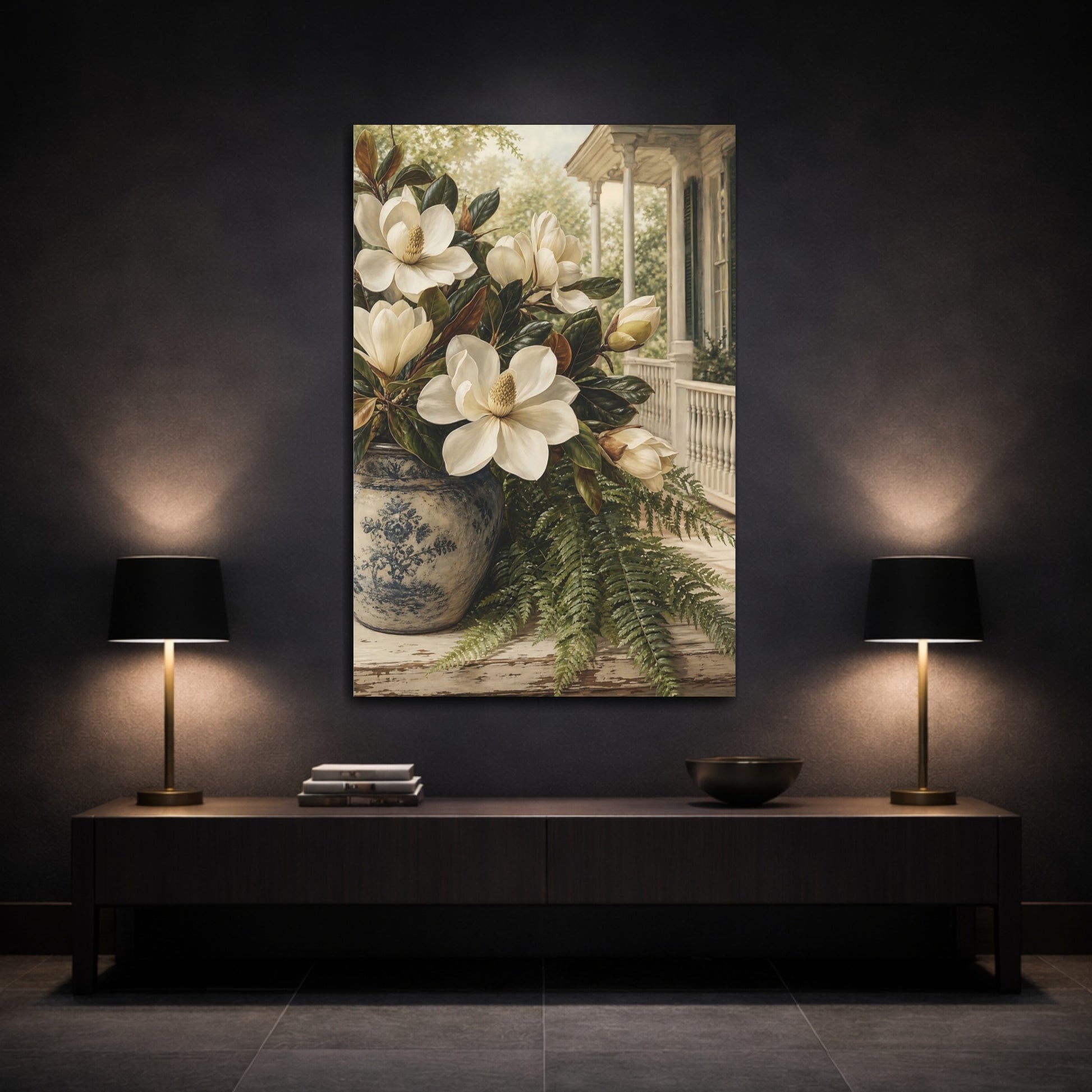 Mockup 3. Floral Magnolias White Magnolia, Blue Vase shown as stretched canvas wall art