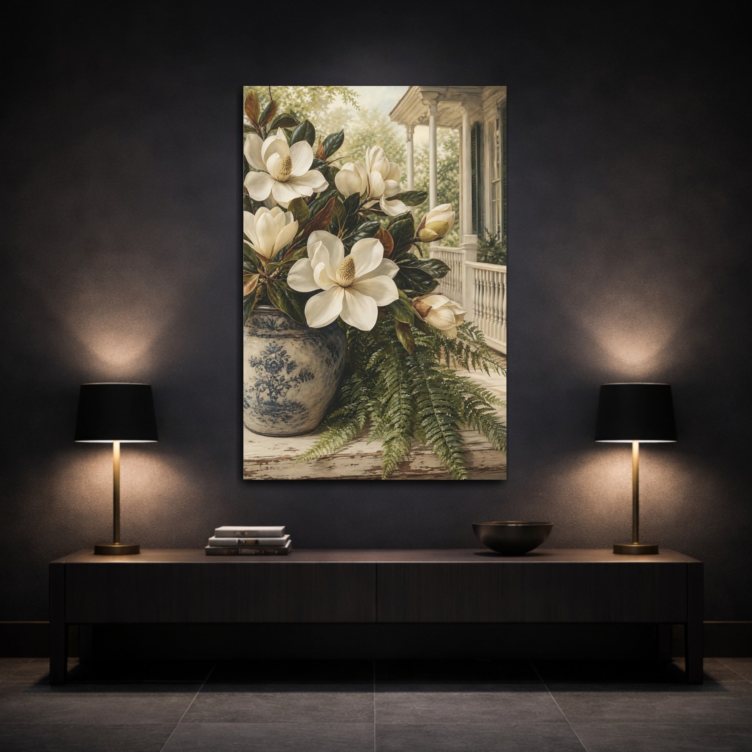 Mockup 3. Floral Magnolias White Magnolia, Blue Vase shown as stretched canvas wall art