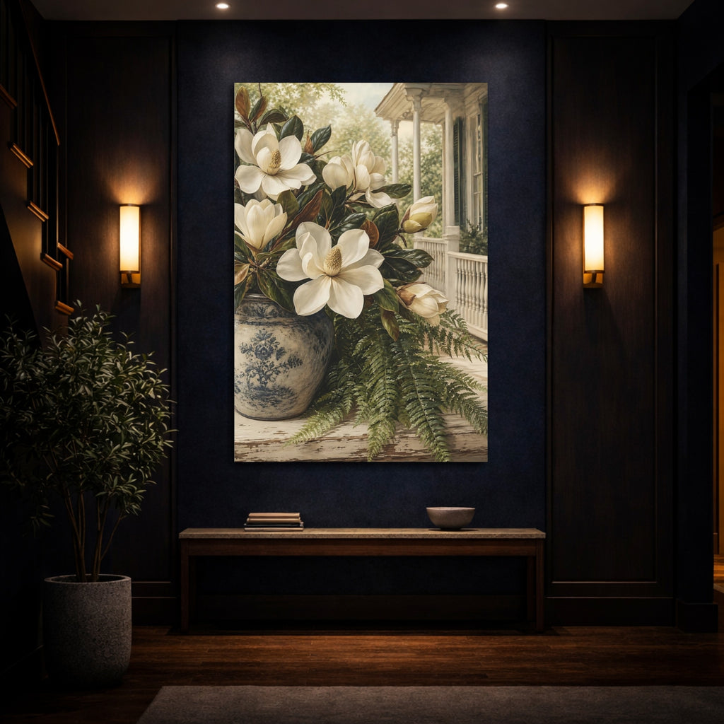 Mockup 4. Floral Magnolias White Magnolia, Blue Vase shown as stretched canvas wall art