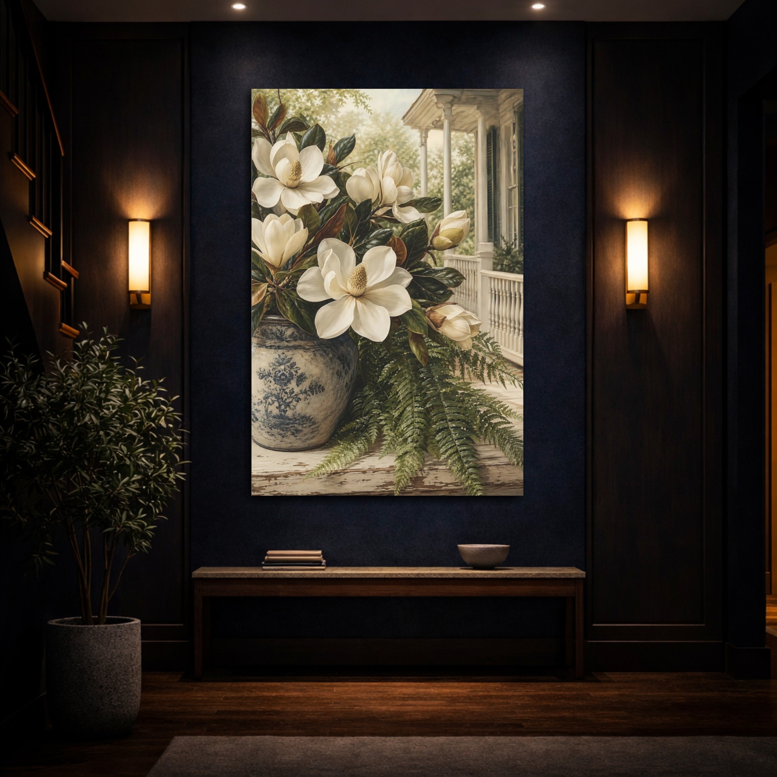 Mockup 4. Floral Magnolias White Magnolia, Blue Vase shown as stretched canvas wall art