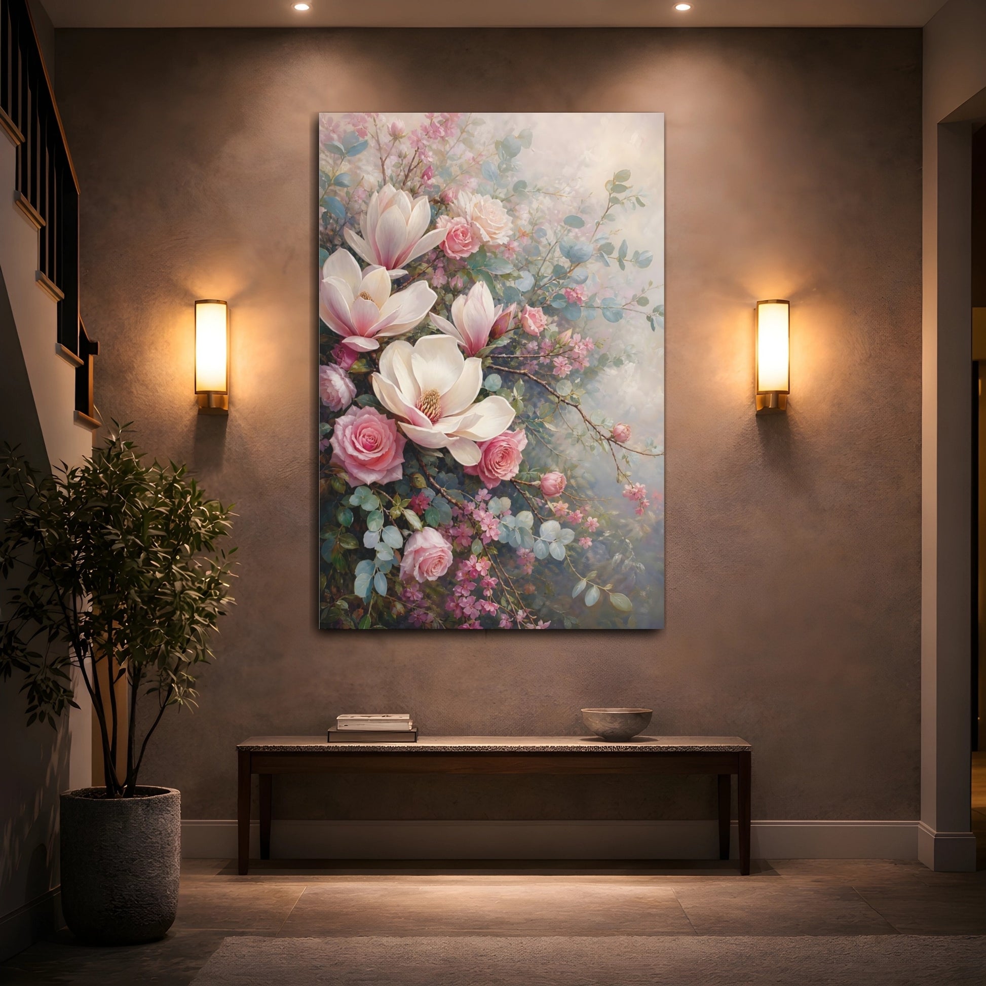 Mockup 2. Floral Magnolias, Roses Pink And Green Floral shown as stretched canvas wall art