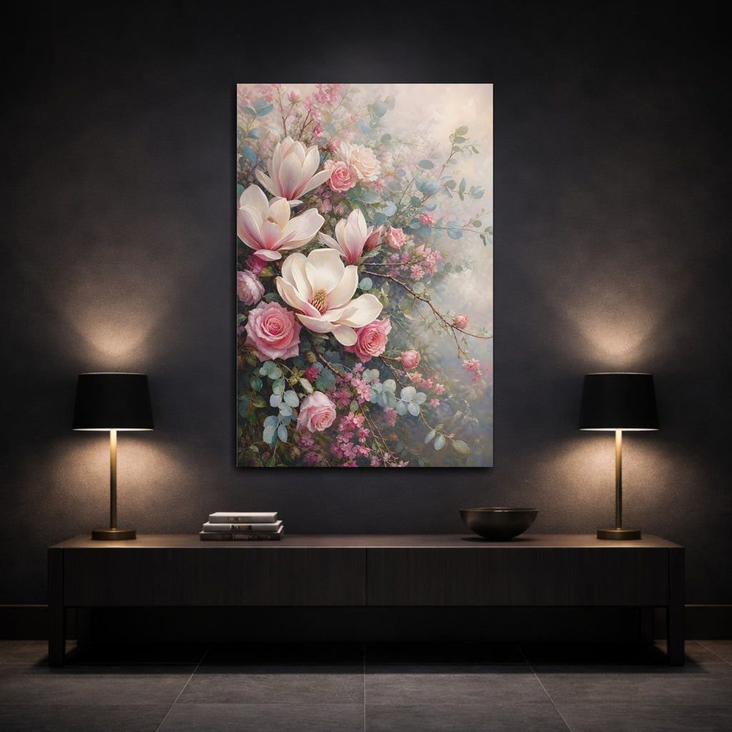 Mockup 3. Floral Magnolias, Roses Pink And Green Floral shown as stretched canvas wall art