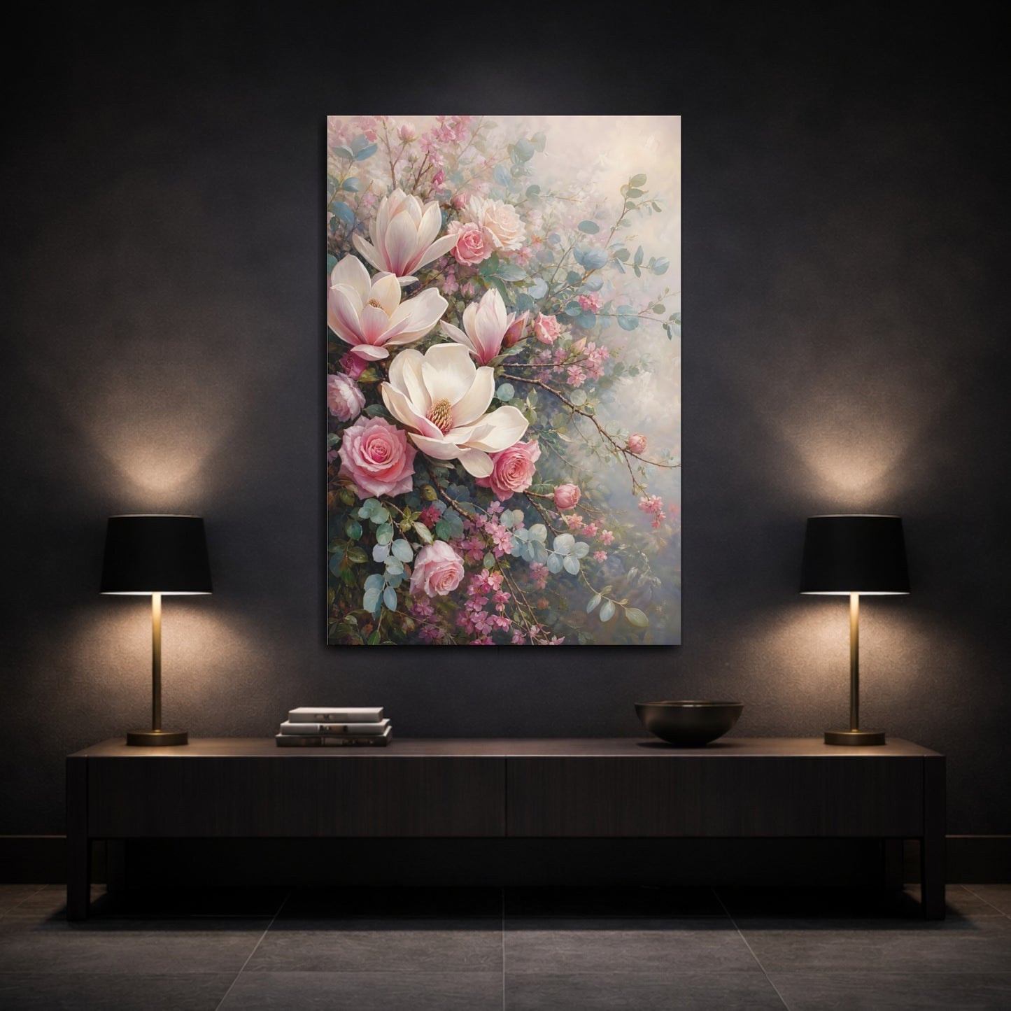 Mockup 3. Floral Magnolias, Roses Pink And Green Floral shown as stretched canvas wall art