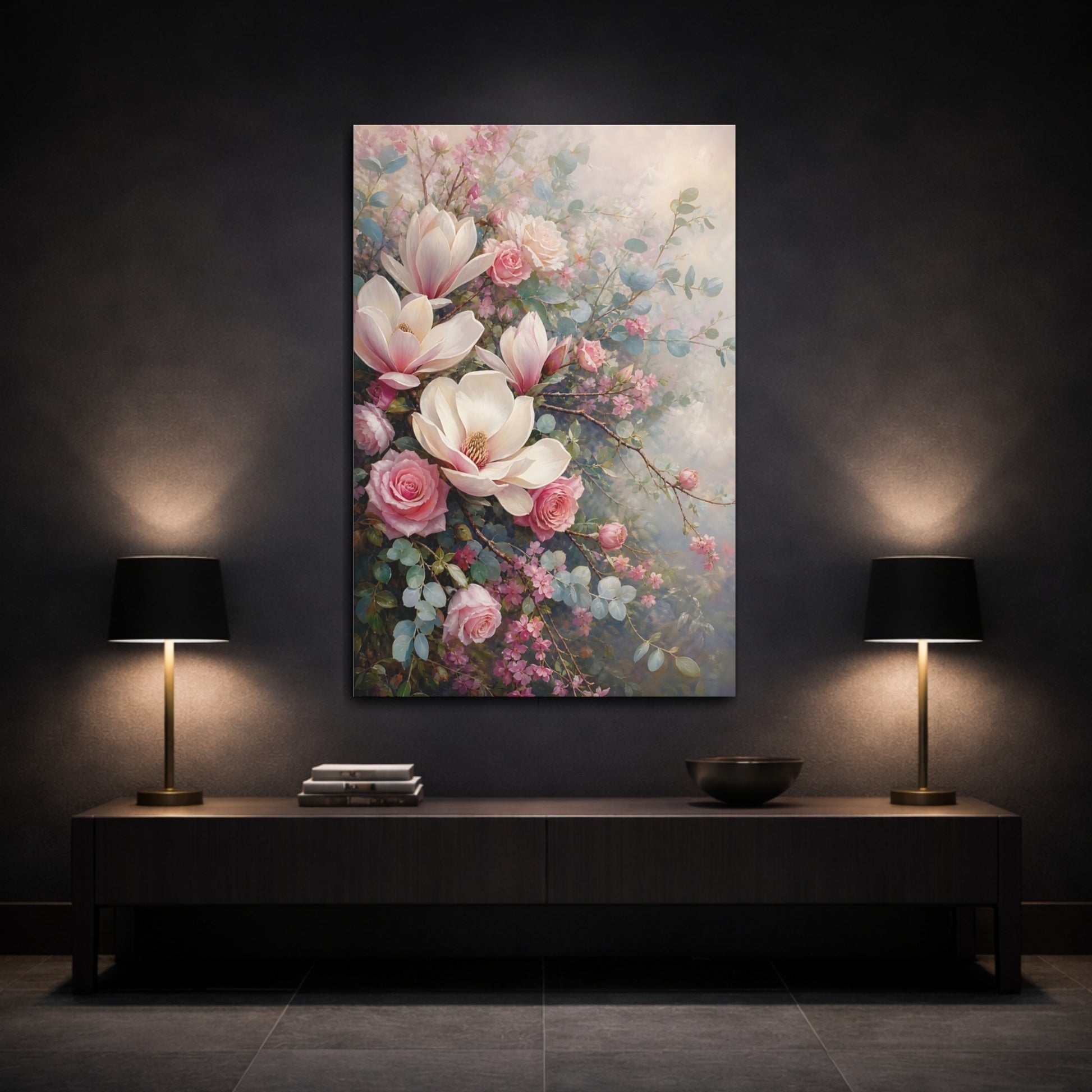 Mockup 3. Floral Magnolias, Roses Pink And Green Floral shown as stretched canvas wall art