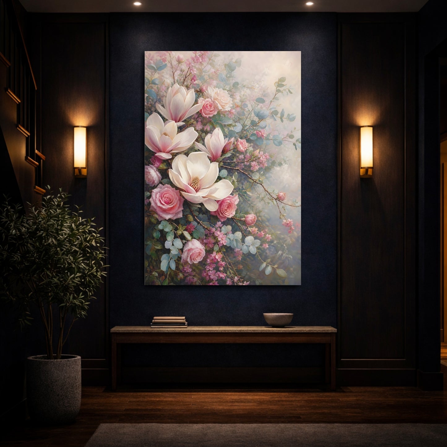 Mockup 4. Floral Magnolias, Roses Pink And Green Floral shown as stretched canvas wall art