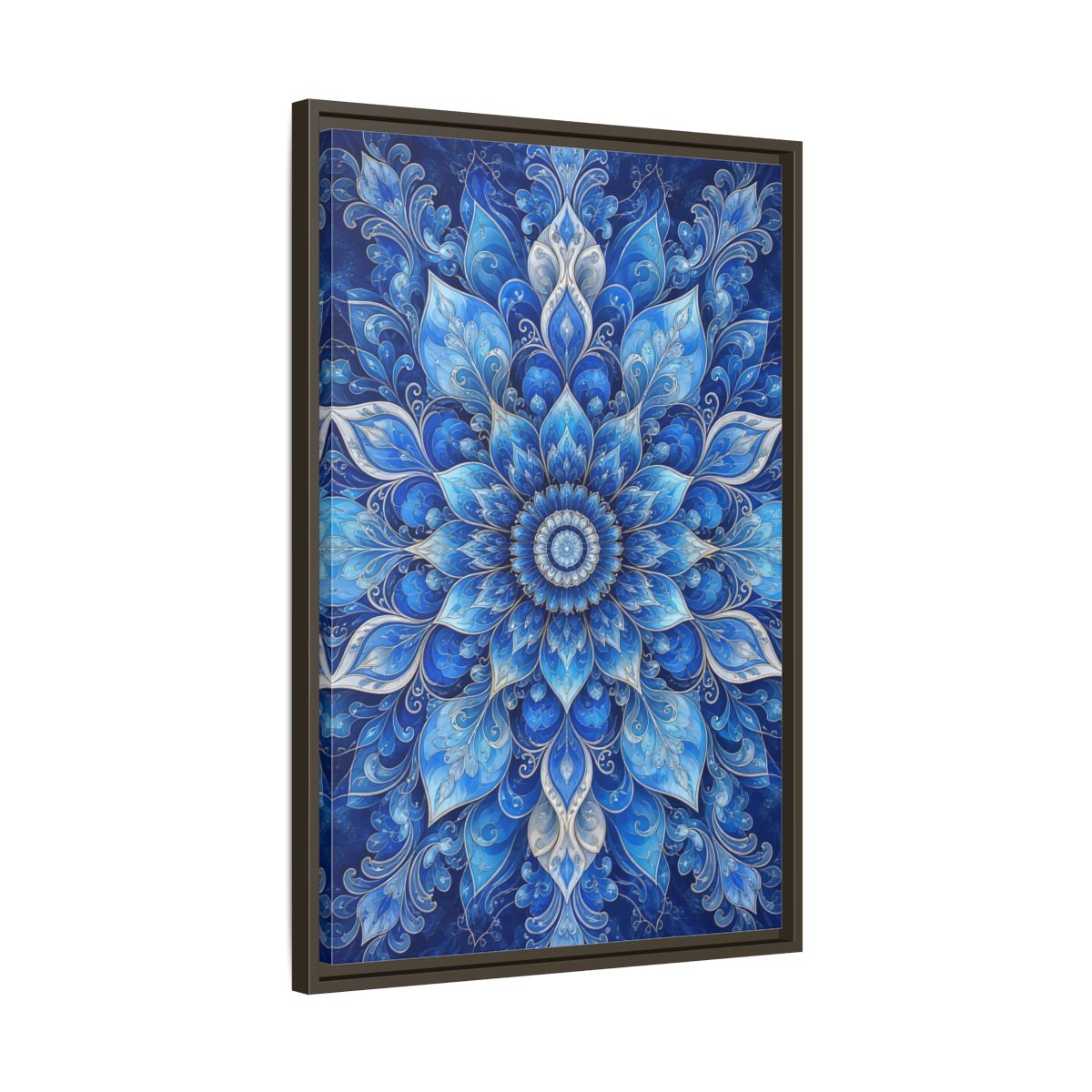 Side Mockup 11. Floral Floral Mandala Blue Floral Mandala shown as stretched canvas wall art