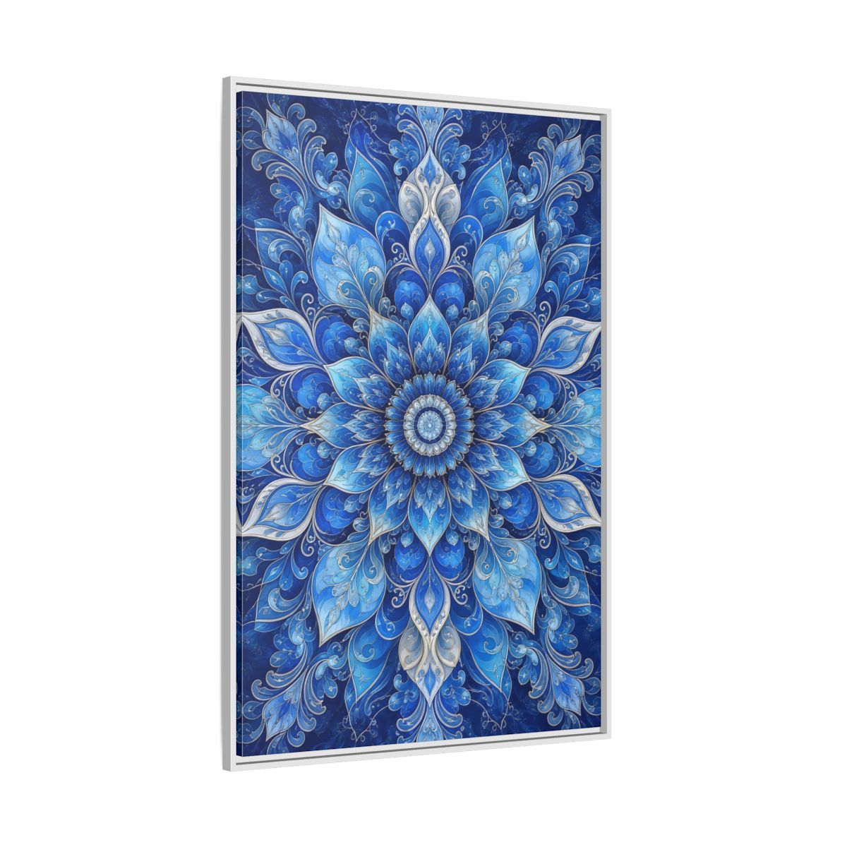 Side Mockup 7. Floral Floral Mandala Blue Floral Mandala shown as stretched canvas wall art