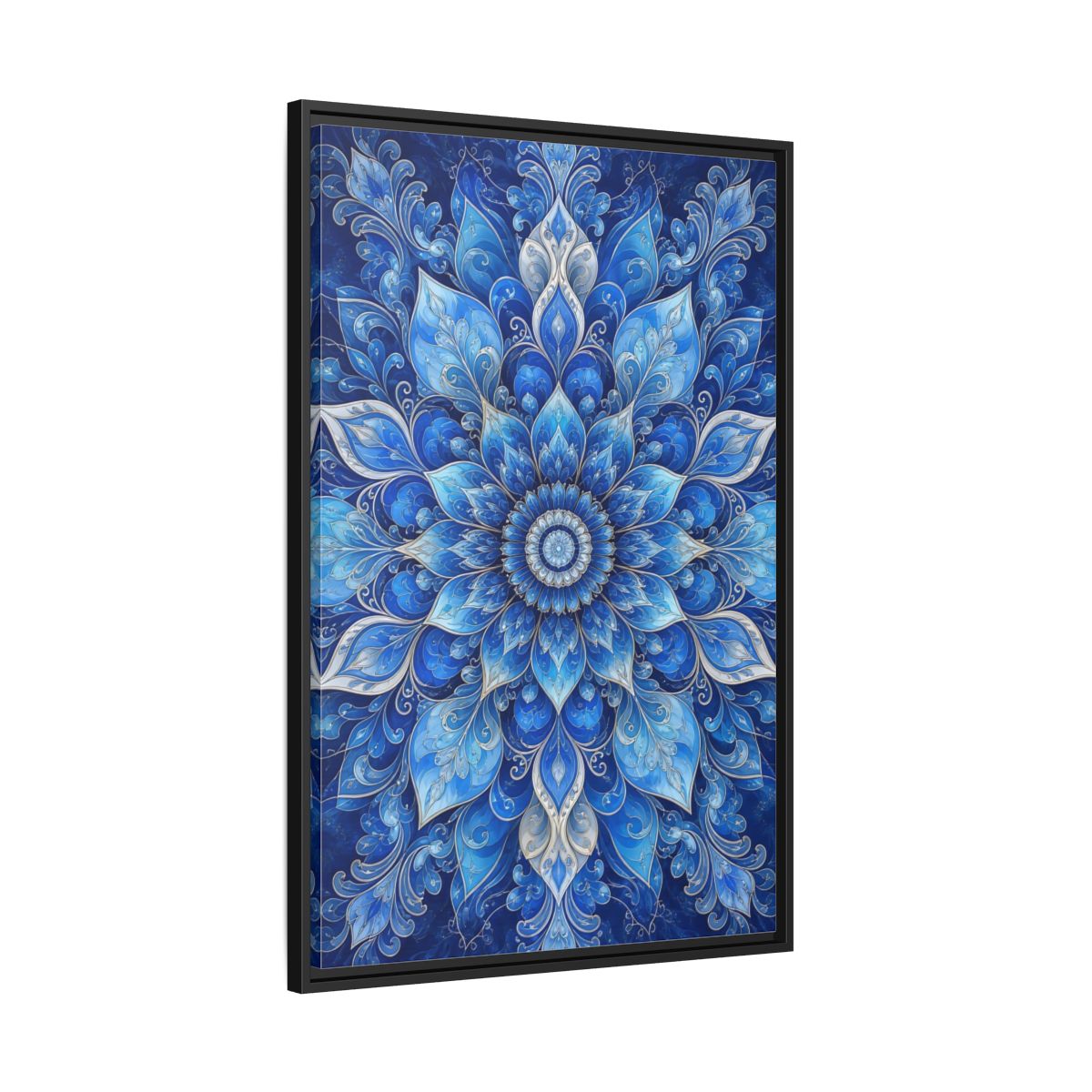 Side Mockup 13. Floral Floral Mandala Blue Floral Mandala shown as stretched canvas wall art