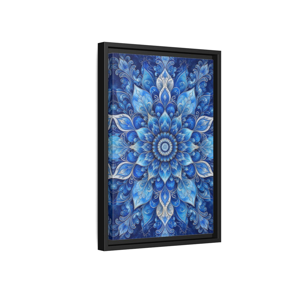 Side Mockup 6. Floral Floral Mandala Blue Floral Mandala shown as stretched canvas wall art