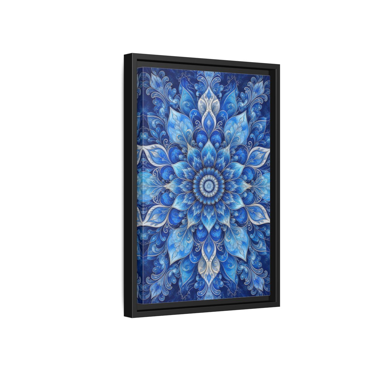 Side Mockup 6. Floral Floral Mandala Blue Floral Mandala shown as stretched canvas wall art