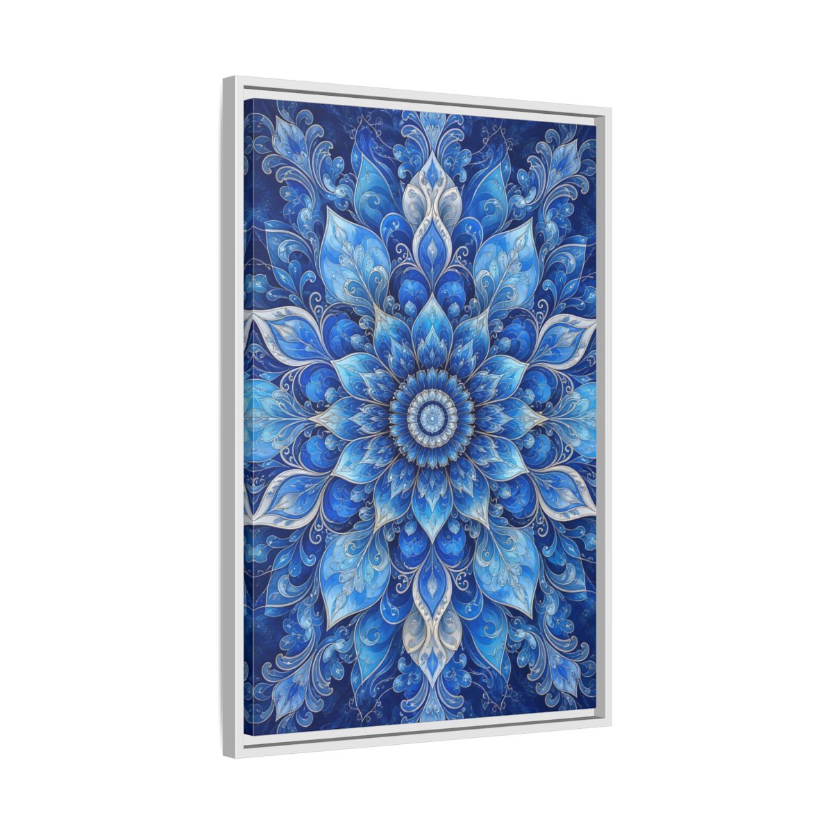 Side Mockup 10. Floral Floral Mandala Blue Floral Mandala shown as stretched canvas wall art