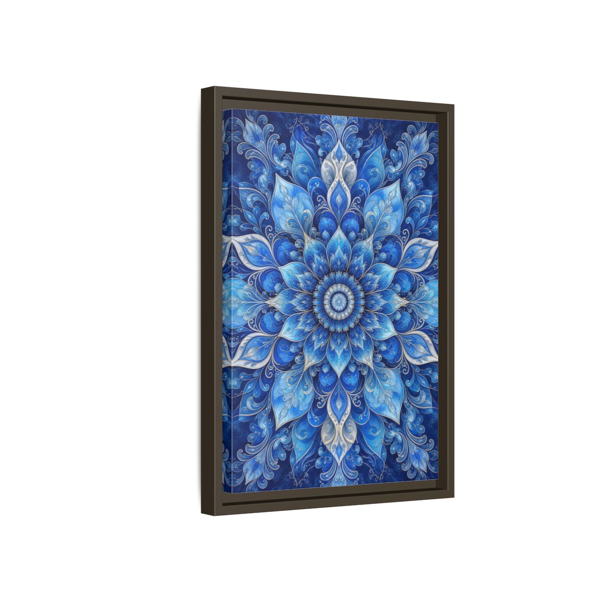 Side Mockup 5. Floral Floral Mandala Blue Floral Mandala shown as stretched canvas wall art