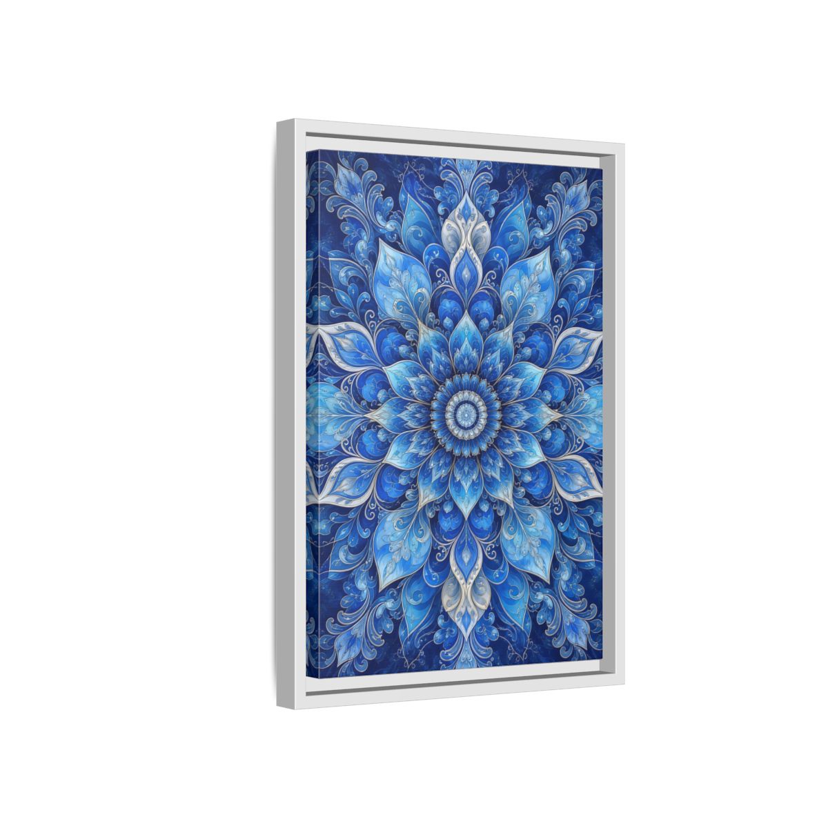 Side Mockup 4. Floral Floral Mandala Blue Floral Mandala shown as stretched canvas wall art