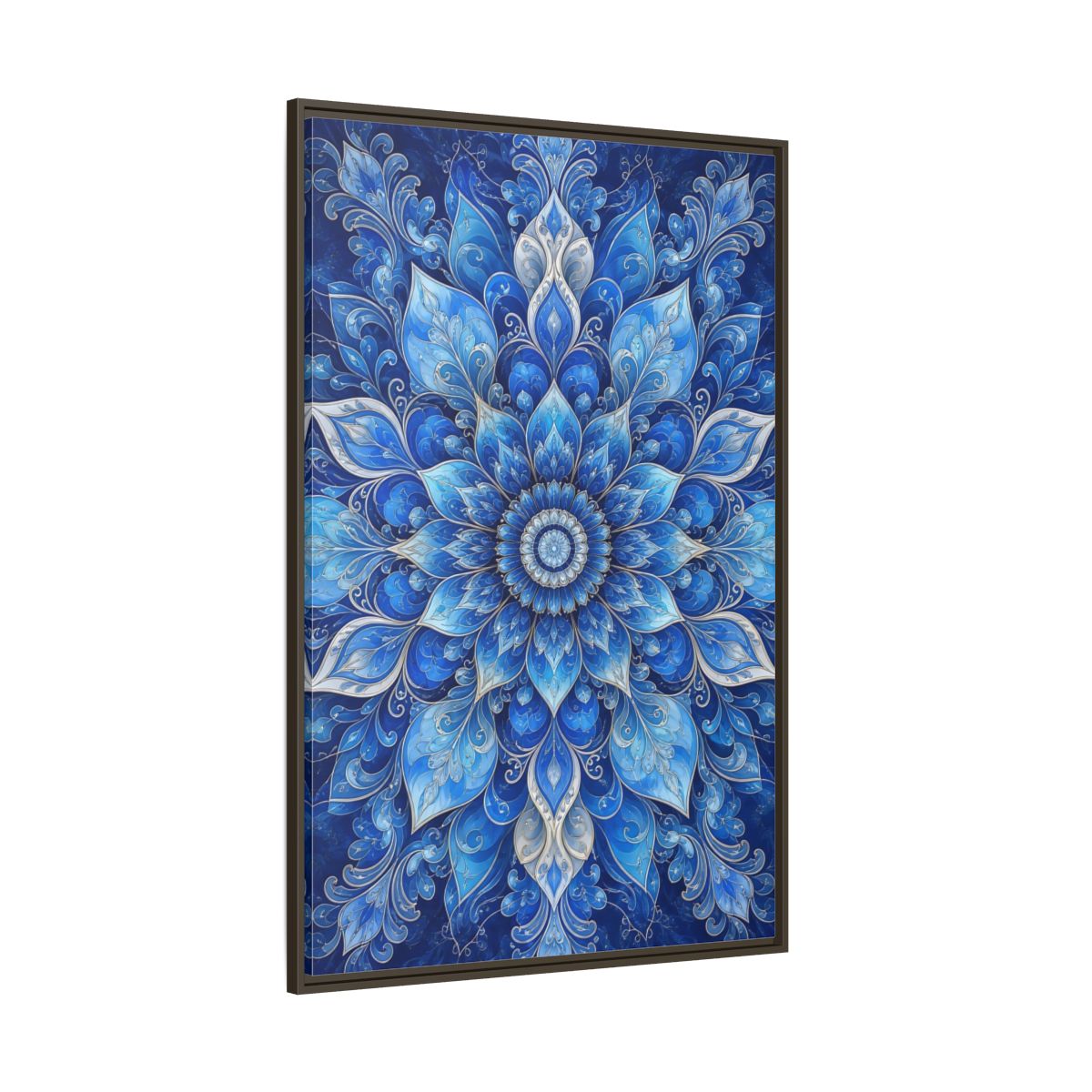 Side Mockup 8. Floral Floral Mandala Blue Floral Mandala shown as stretched canvas wall art