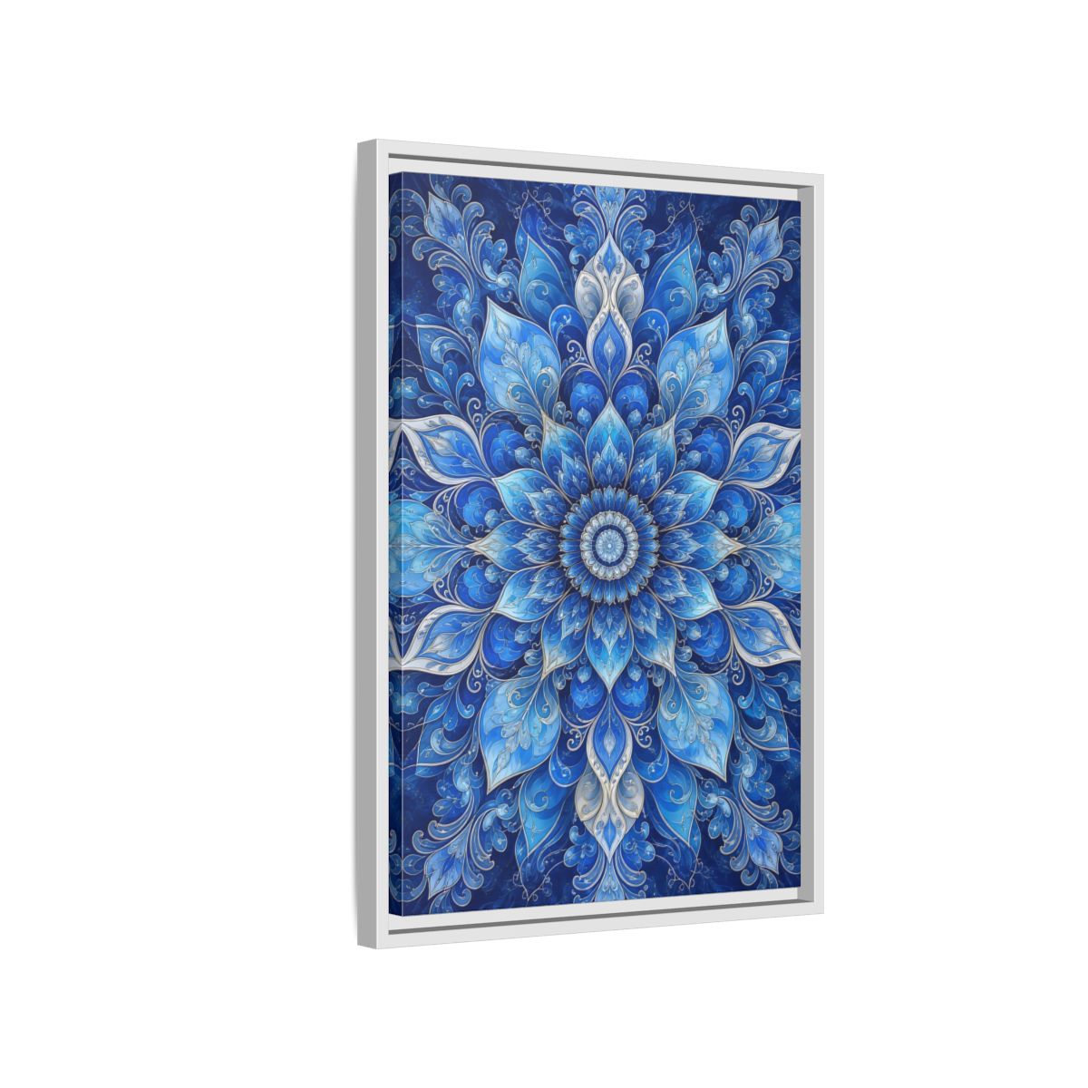 Side Mockup 1. Floral Floral Mandala Blue Floral Mandala shown as stretched canvas wall art
