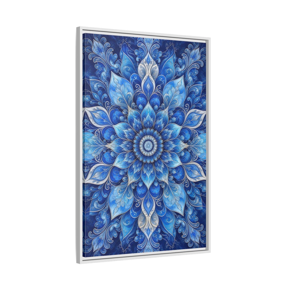 Side Mockup 9. Floral Floral Mandala Blue Floral Mandala shown as stretched canvas wall art