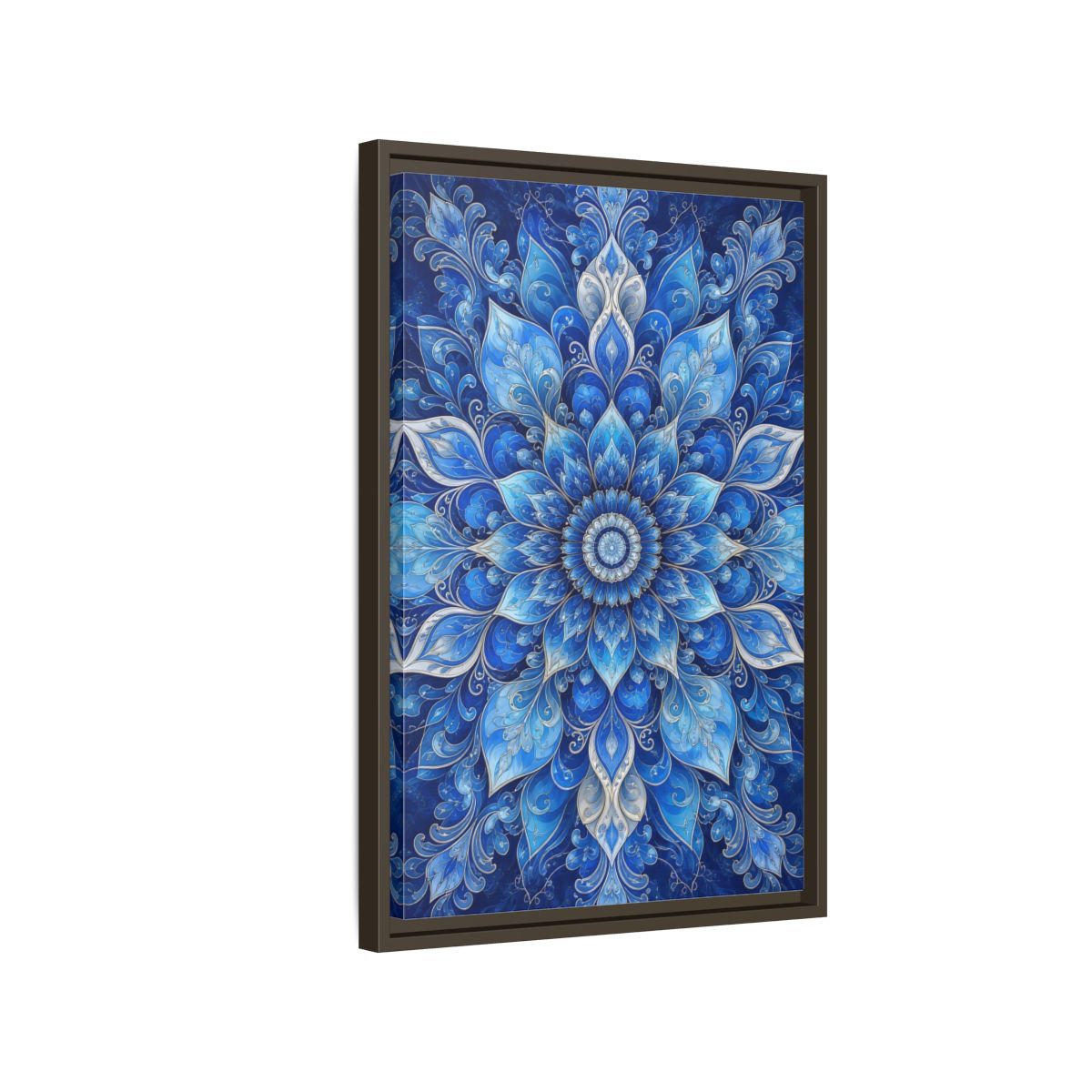 Side Mockup 2. Floral Floral Mandala Blue Floral Mandala shown as stretched canvas wall art
