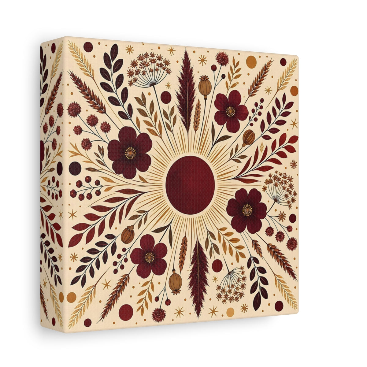 Side Mockup 2. Floral Floral Mandala Maroon And Gold shown as stretched canvas wall art