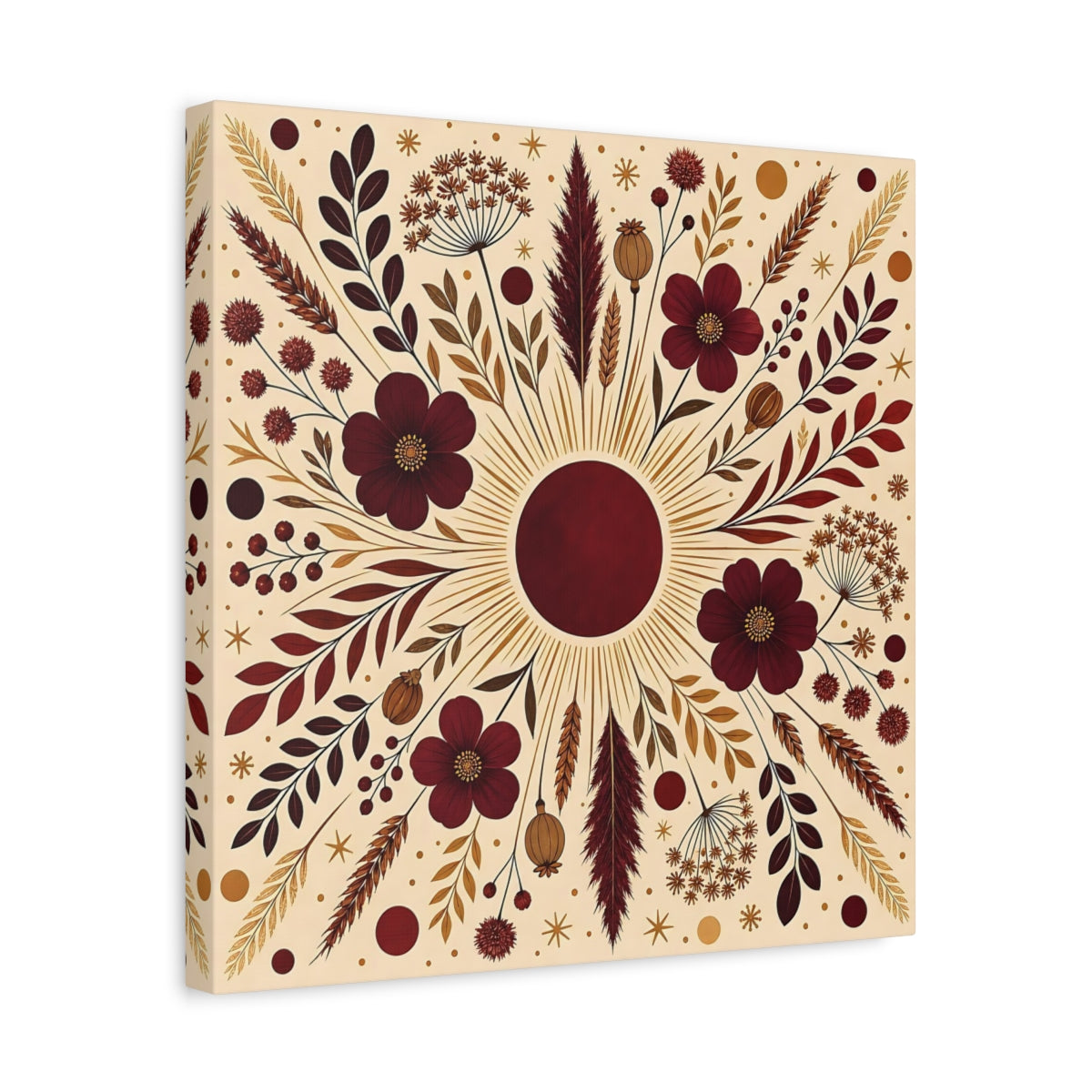 Side Mockup 6. Floral Floral Mandala Maroon And Gold shown as stretched canvas wall art