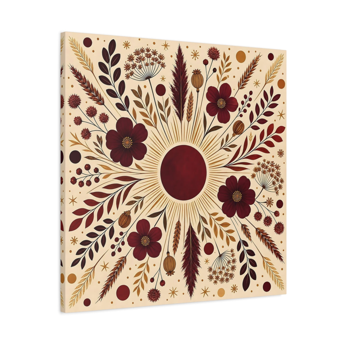 Side Mockup 3. Floral Floral Mandala Maroon And Gold shown as stretched canvas wall art