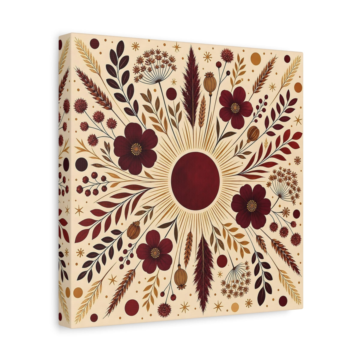 Side Mockup 8. Floral Floral Mandala Maroon And Gold shown as stretched canvas wall art