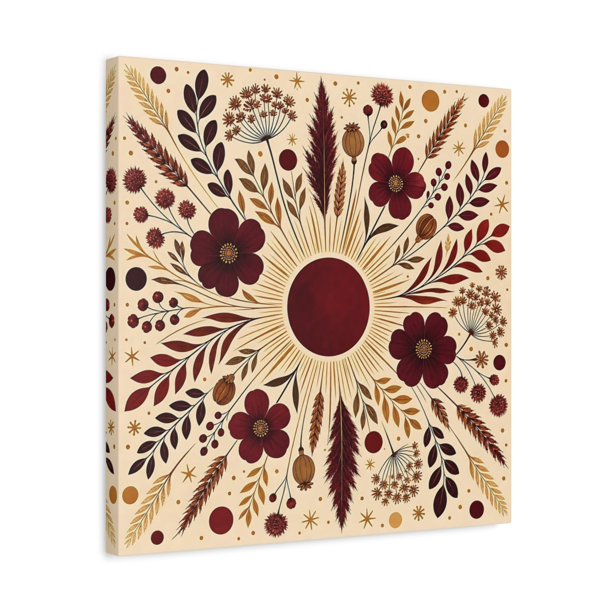 Side Mockup 5. Floral Floral Mandala Maroon And Gold shown as stretched canvas wall art