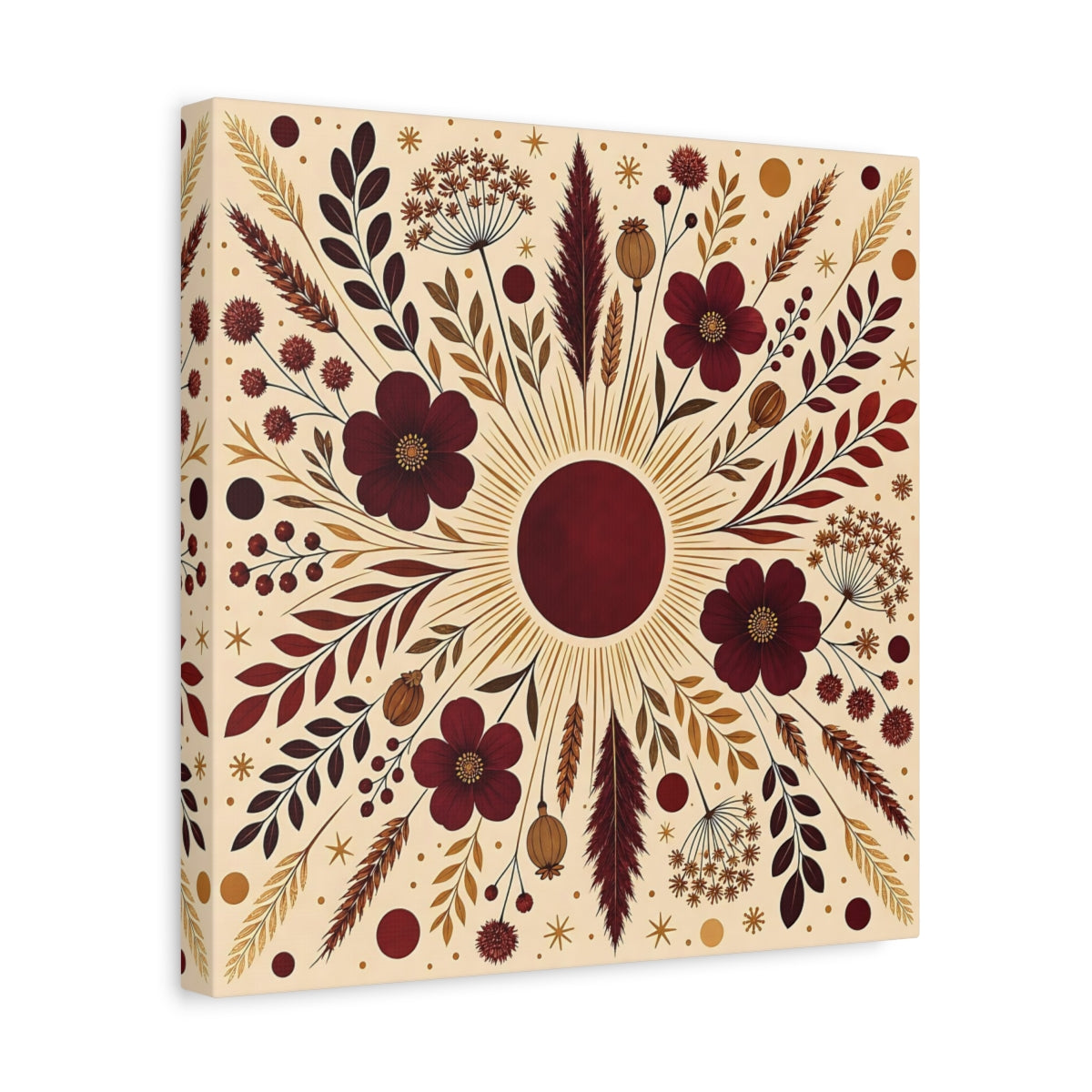 Side Mockup 7. Floral Floral Mandala Maroon And Gold shown as stretched canvas wall art