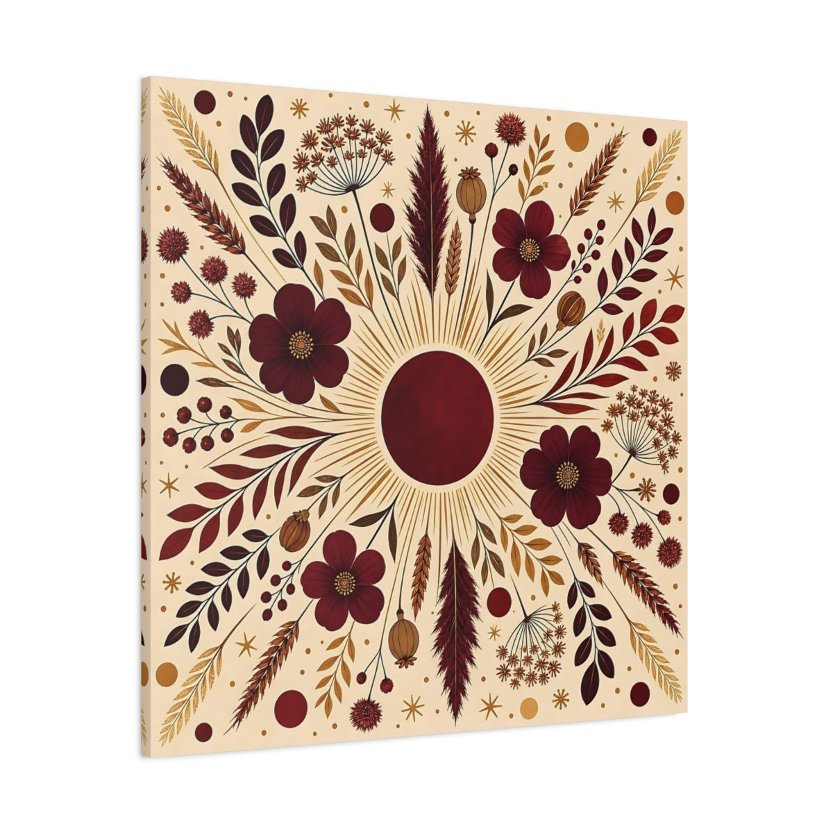 Side Mockup 1. Floral Floral Mandala Maroon And Gold shown as stretched canvas wall art