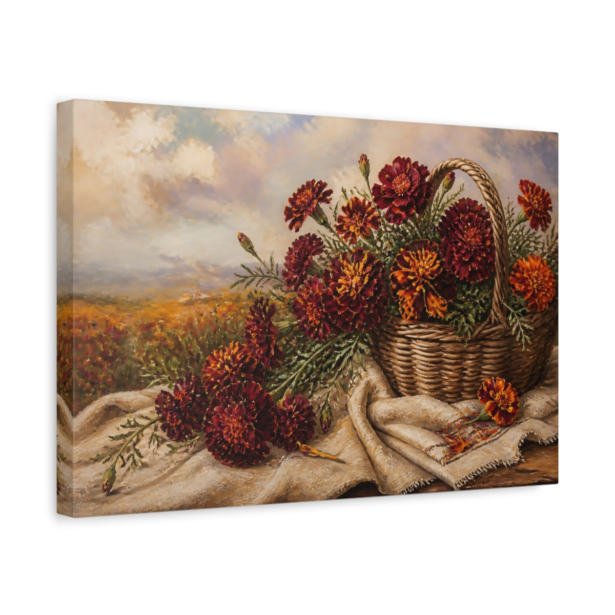 Side Mockup 4. Floral Marigold Flowers Burgundy Marigolds shown as stretched canvas wall art