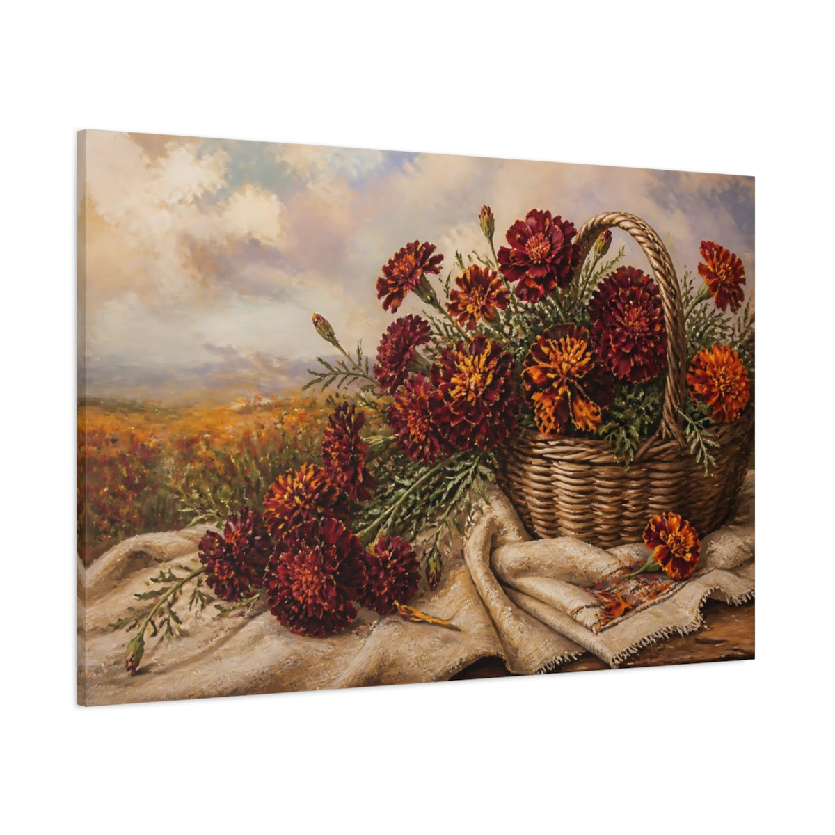 Side Mockup 1. Floral Marigold Flowers Burgundy Marigolds shown as stretched canvas wall art