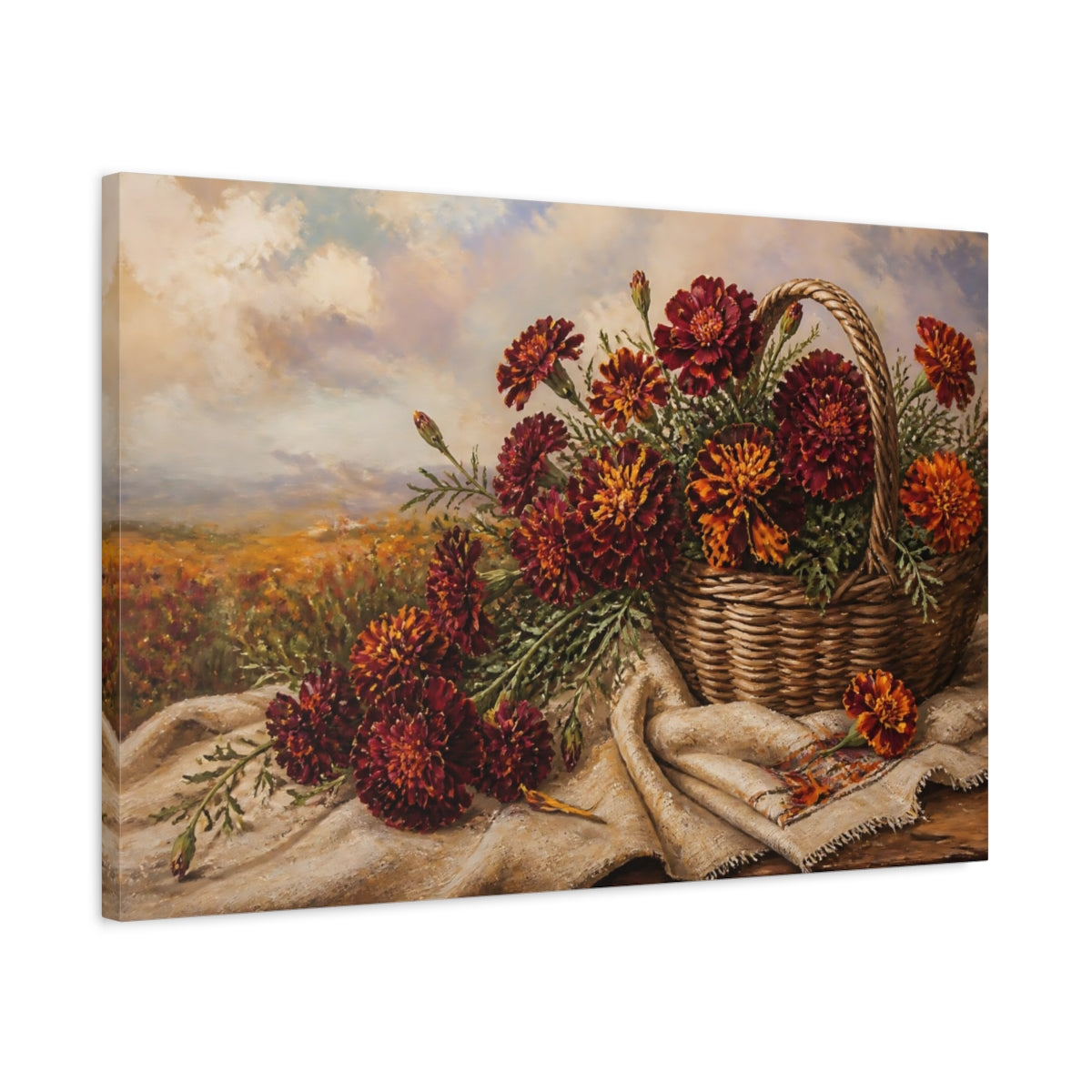 Side Mockup 2. Floral Marigold Flowers Burgundy Marigolds shown as stretched canvas wall art