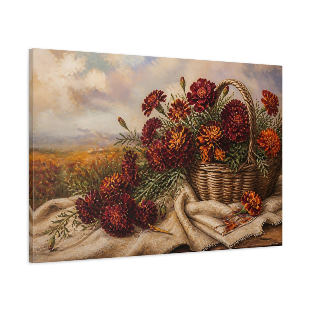 Main Mockup. Floral Marigold Flowers Burgundy Marigolds shown as stretched canvas wall art