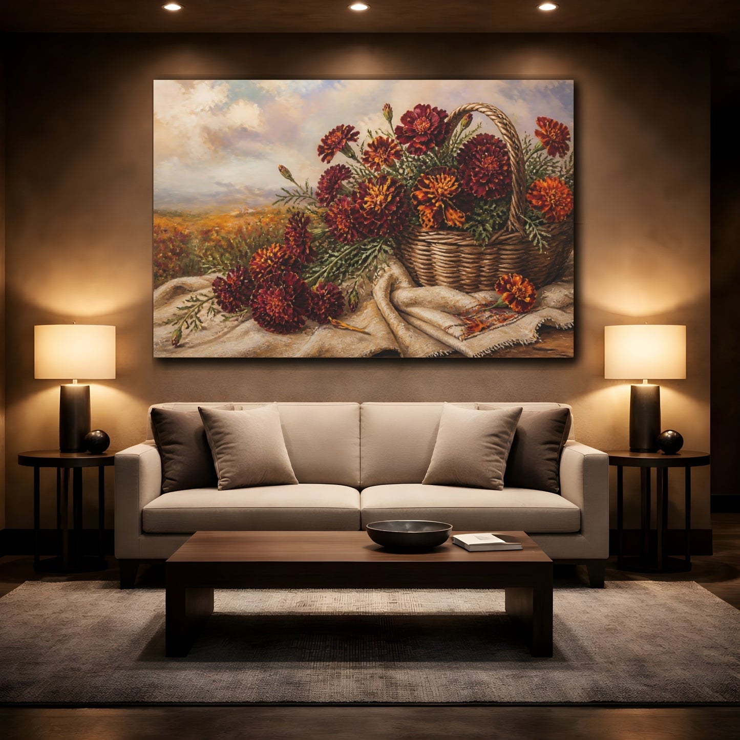 Mockup 2. Floral Marigold Flowers Burgundy Marigolds shown as stretched canvas wall art