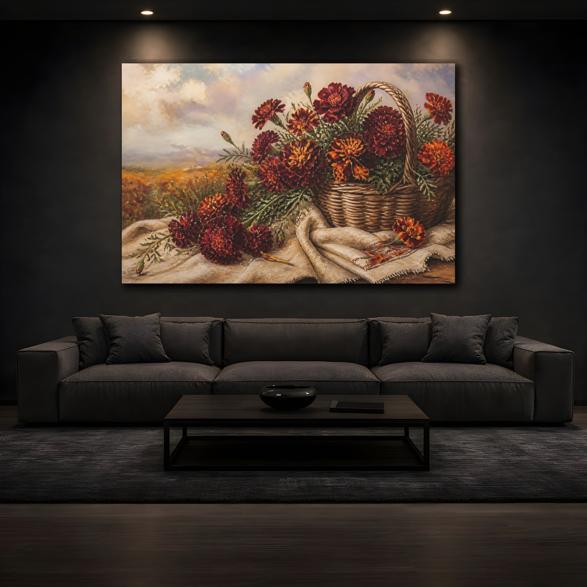 Mockup 3. Floral Marigold Flowers Burgundy Marigolds shown as stretched canvas wall art