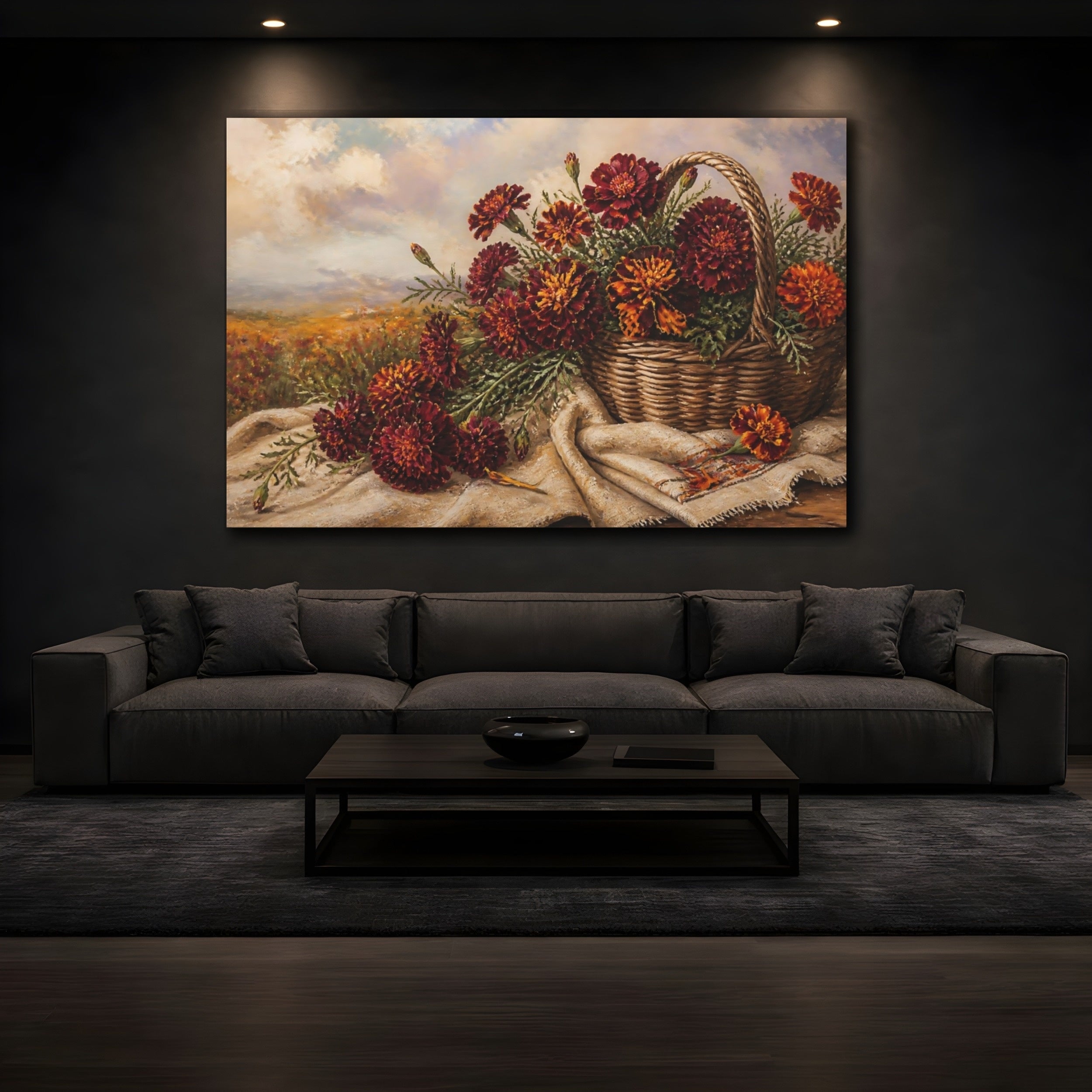 Mockup 3. Floral Marigold Flowers Burgundy Marigolds shown as stretched canvas wall art