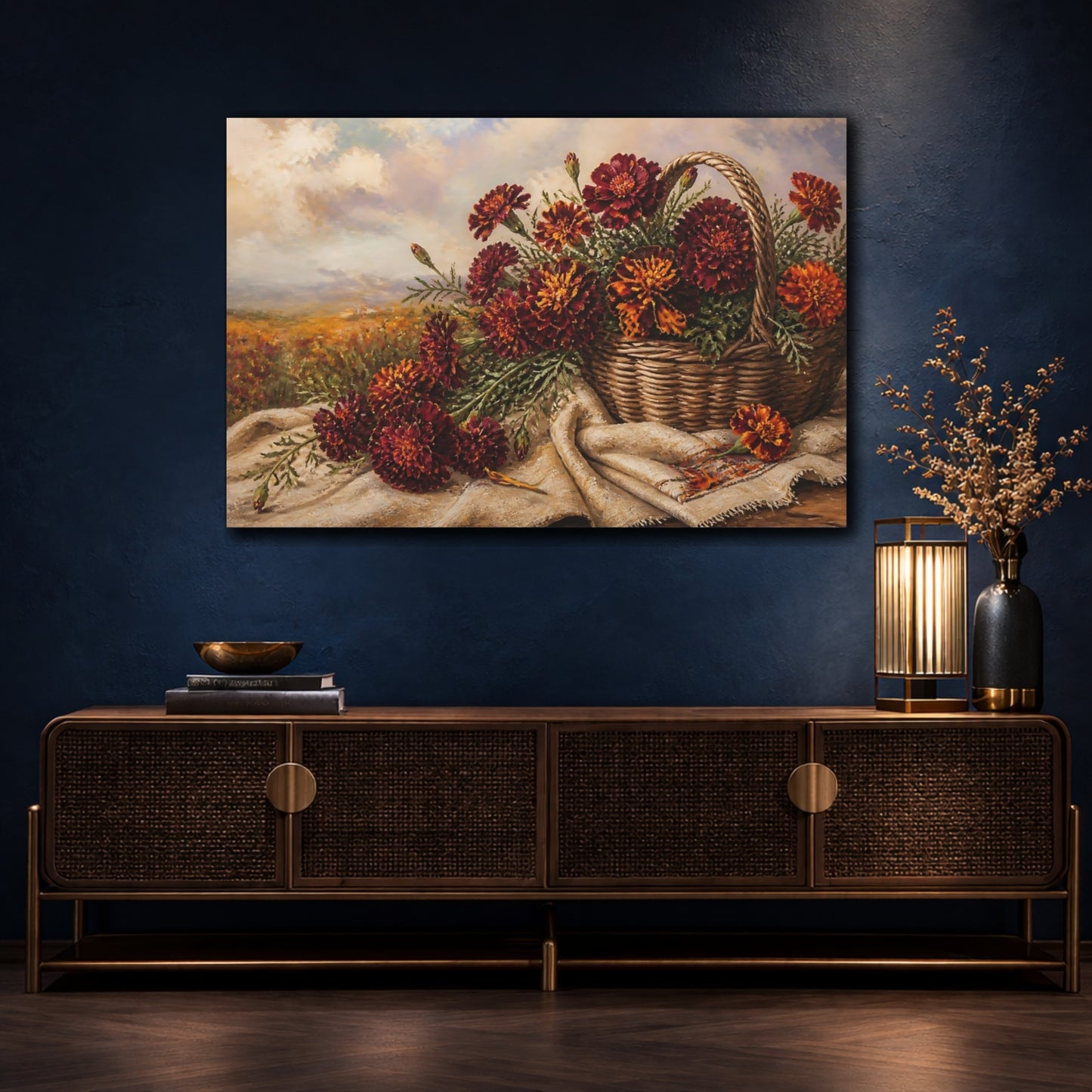Mockup 4. Floral Marigold Flowers Burgundy Marigolds shown as stretched canvas wall art