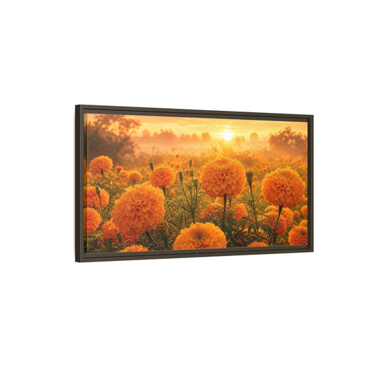 Main Mockup. Floral Marigold Flowers Golden Orange Field shown as stretched canvas wall art
