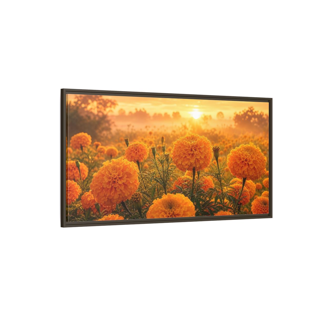 Side Mockup 4. Floral Marigold Flowers Golden Orange Field shown as stretched canvas wall art