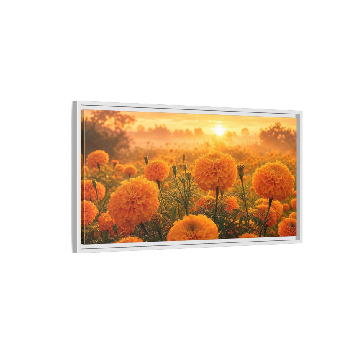 Side Mockup 1. Floral Marigold Flowers Golden Orange Field shown as stretched canvas wall art