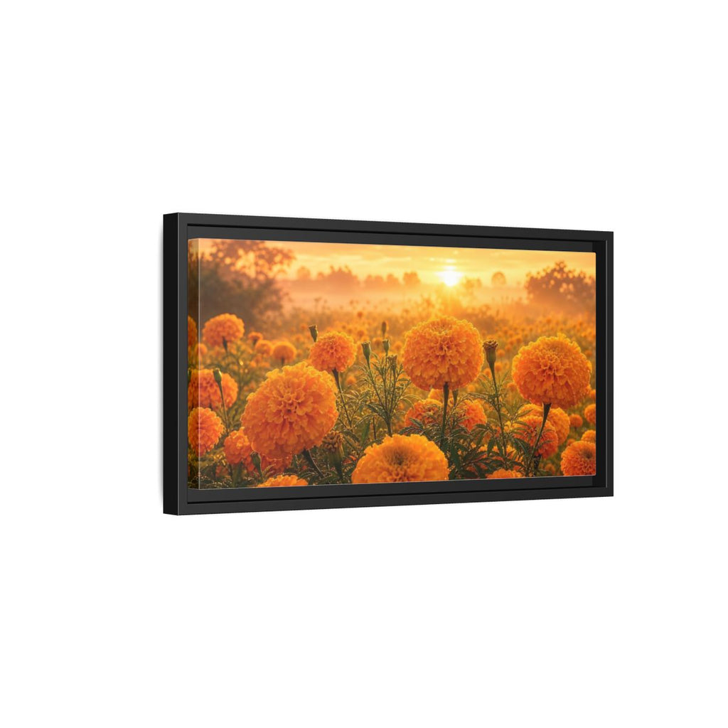 Side Mockup 8. Floral Marigold Flowers Golden Orange Field shown as stretched canvas wall art