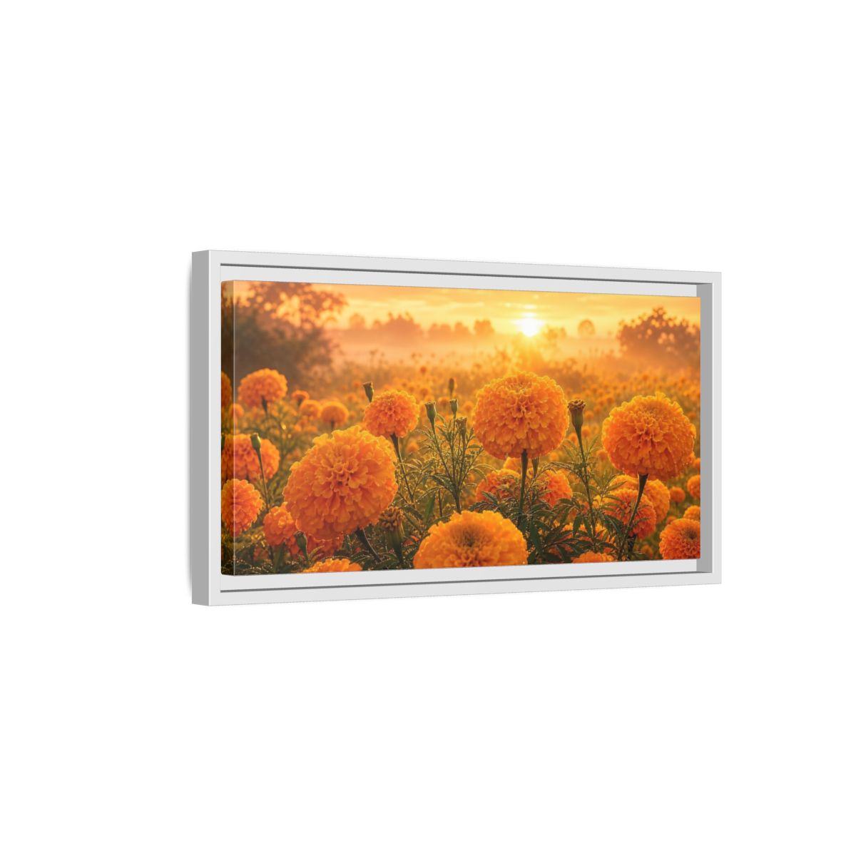 Side Mockup 6. Floral Marigold Flowers Golden Orange Field shown as stretched canvas wall art