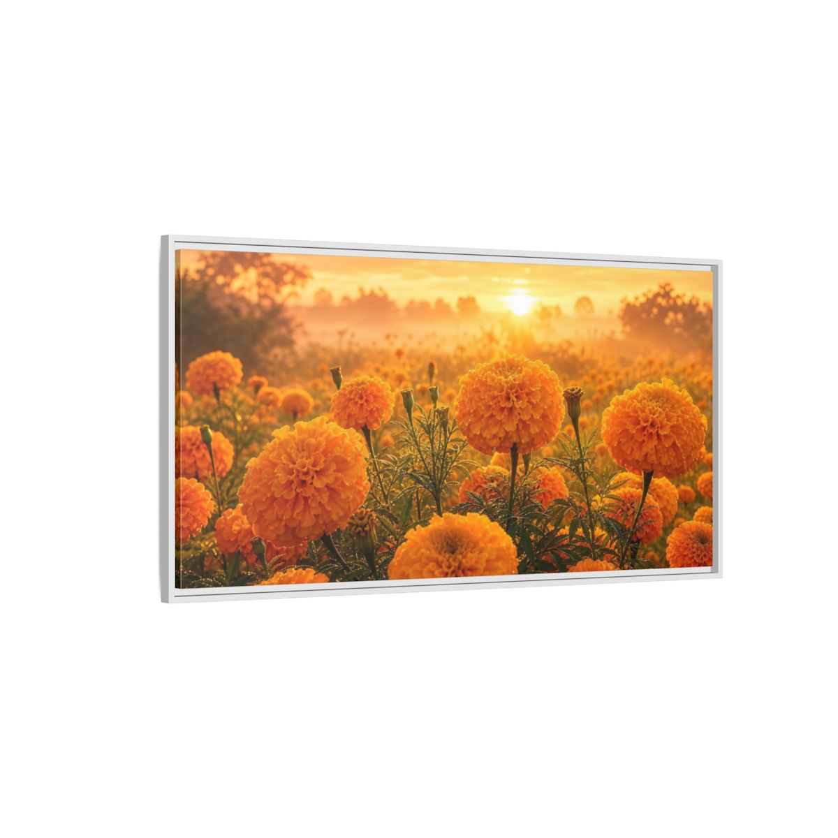Side Mockup 3. Floral Marigold Flowers Golden Orange Field shown as stretched canvas wall art