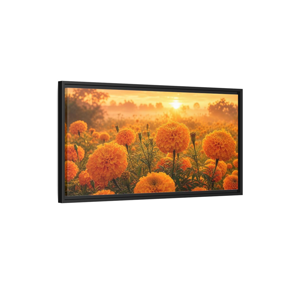 Side Mockup 2. Floral Marigold Flowers Golden Orange Field shown as stretched canvas wall art