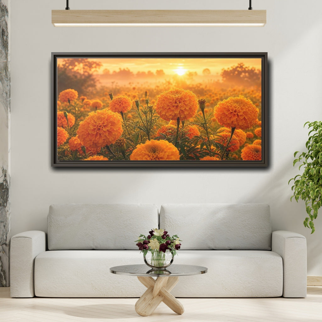 Mockup 2. Floral Marigold Flowers Golden Orange Field shown as stretched canvas wall art
