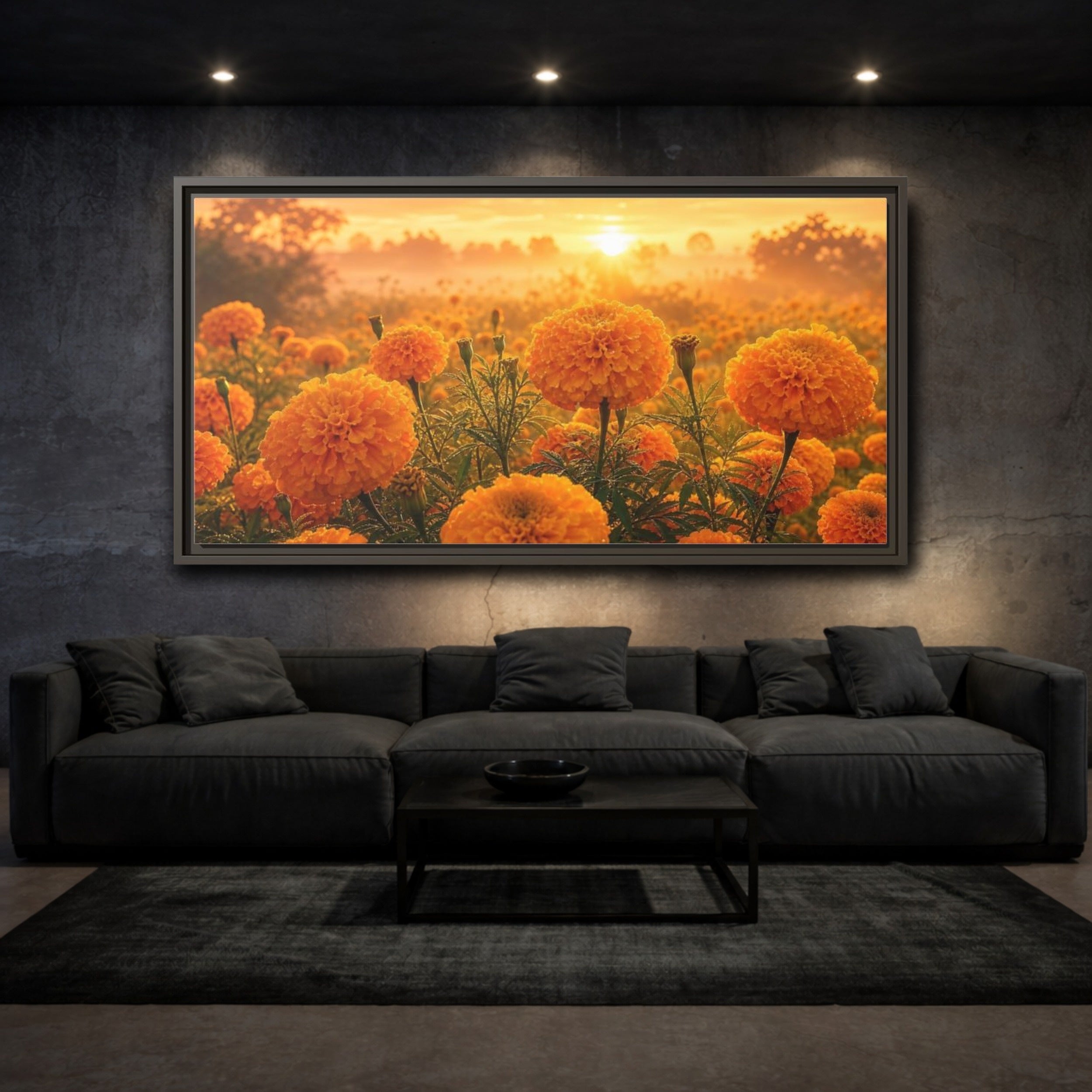 Mockup 3. Floral Marigold Flowers Golden Orange Field shown as stretched canvas wall art