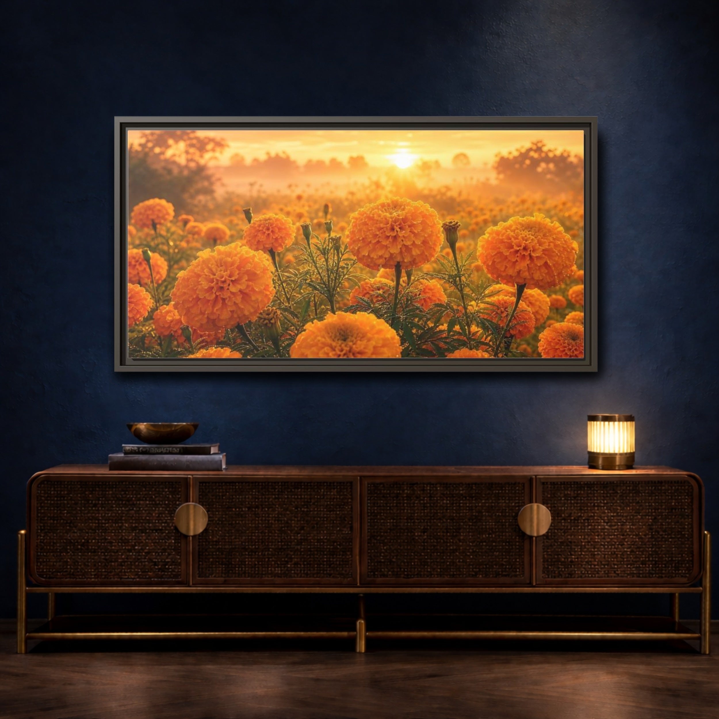 Mockup 4. Floral Marigold Flowers Golden Orange Field shown as stretched canvas wall art