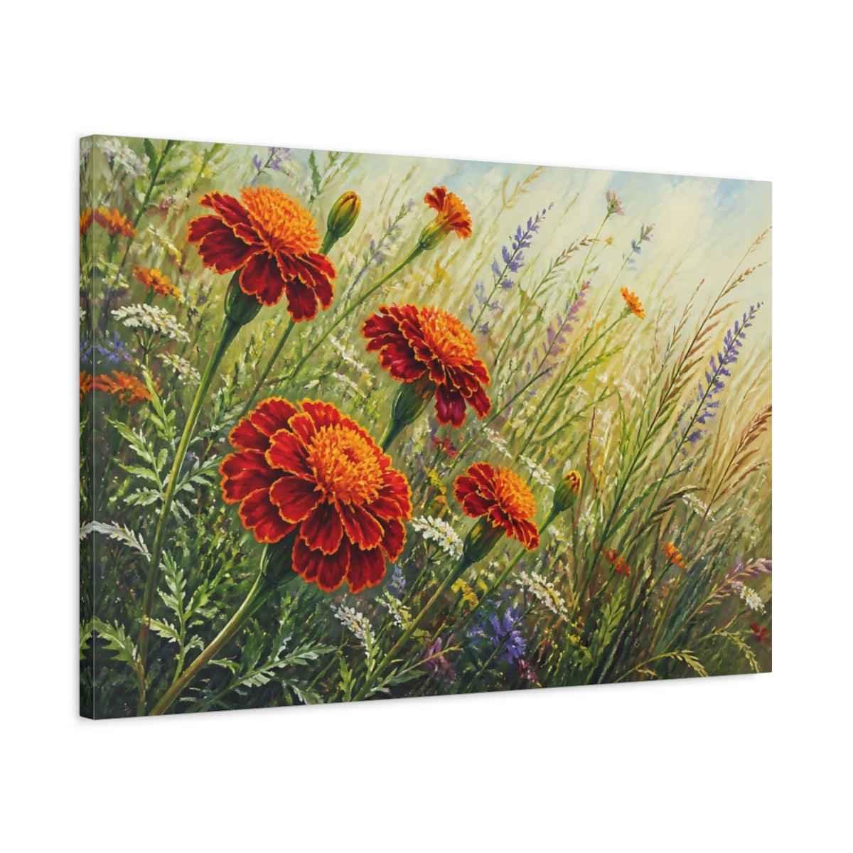 Side Mockup 2. Floral Marigold Flowers Orange Marigolds shown as stretched canvas wall art