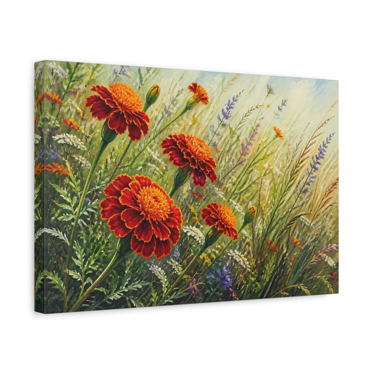 Side Mockup 4. Floral Marigold Flowers Orange Marigolds shown as stretched canvas wall art