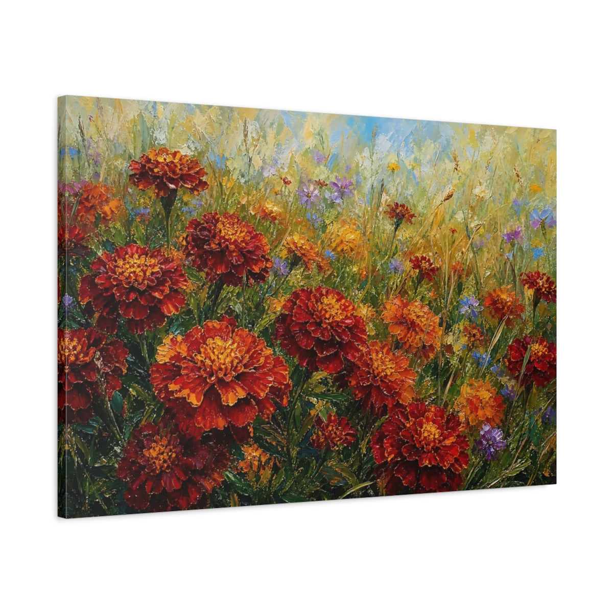 Main Mockup. Floral Marigold Flowers Orange Marigold Field shown as stretched canvas wall art